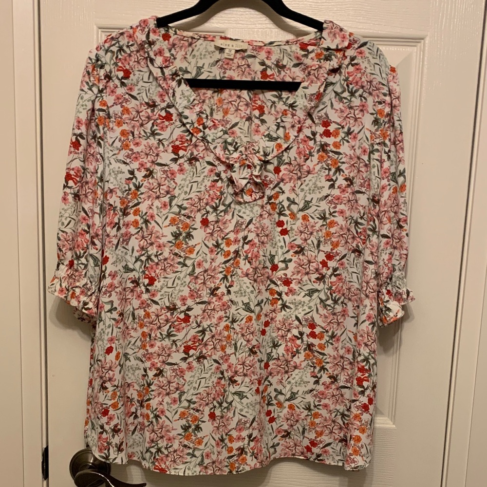 Alex & Lili Floral Print V-Neck Blouse with Ruffle Detail